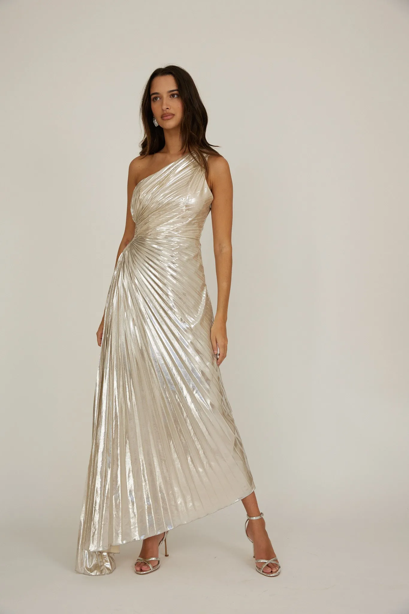 Amelie One-Shoulder Accordion Pleat Maxi Dress Champagne