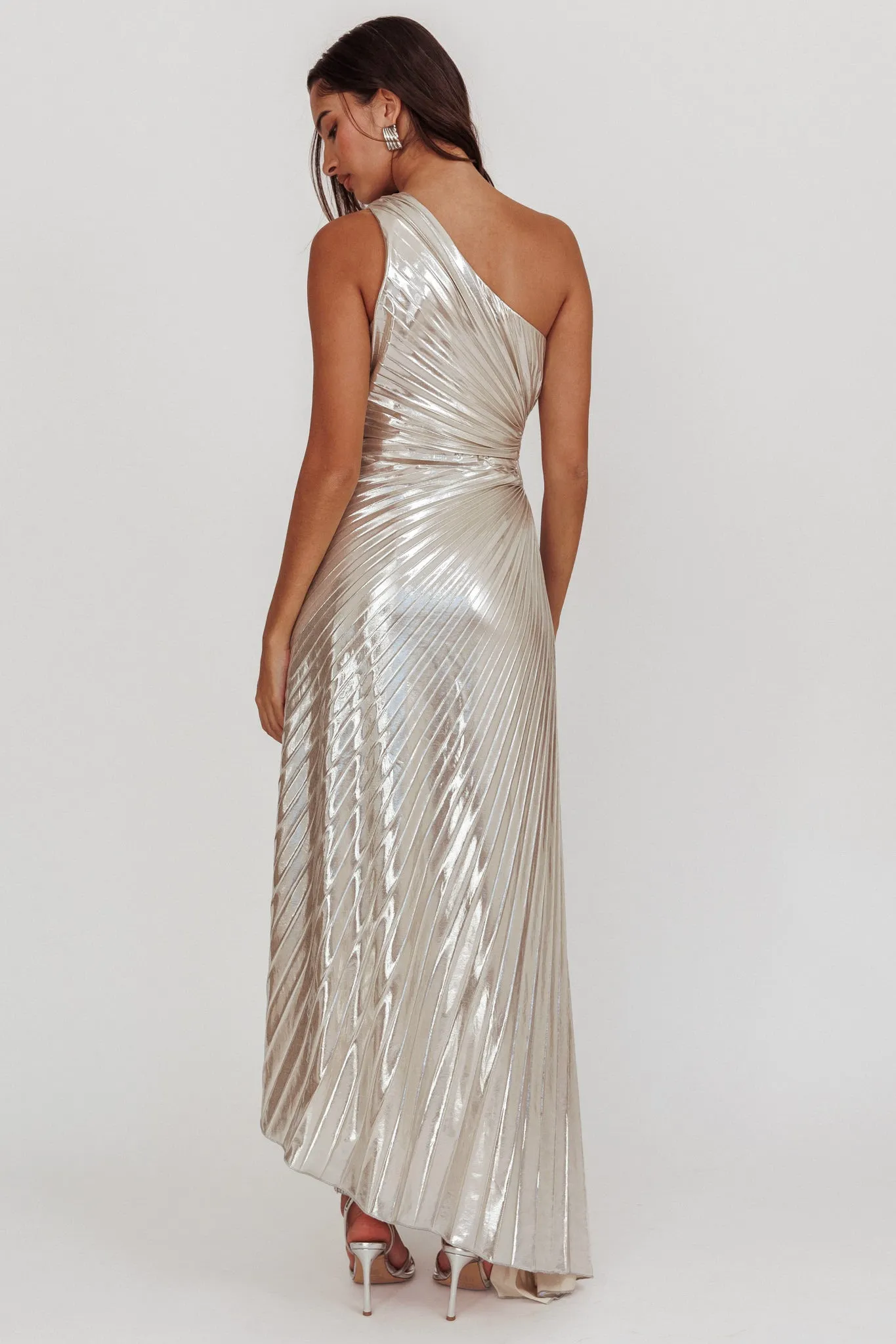 Amelie One-Shoulder Accordion Pleat Maxi Dress Champagne