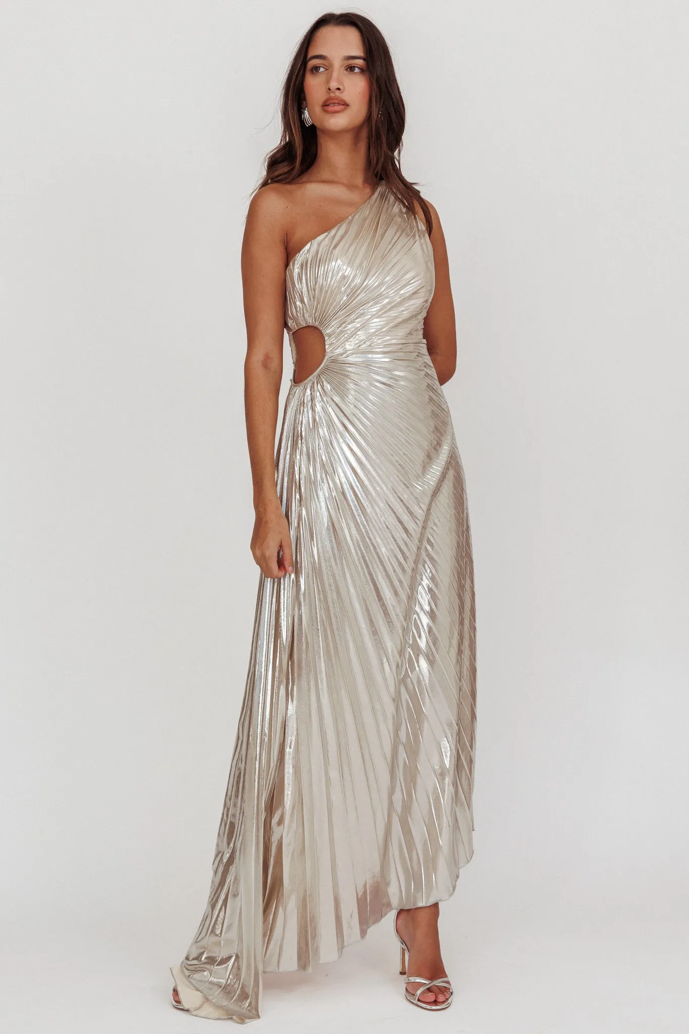 Amelie One-Shoulder Accordion Pleat Maxi Dress Champagne