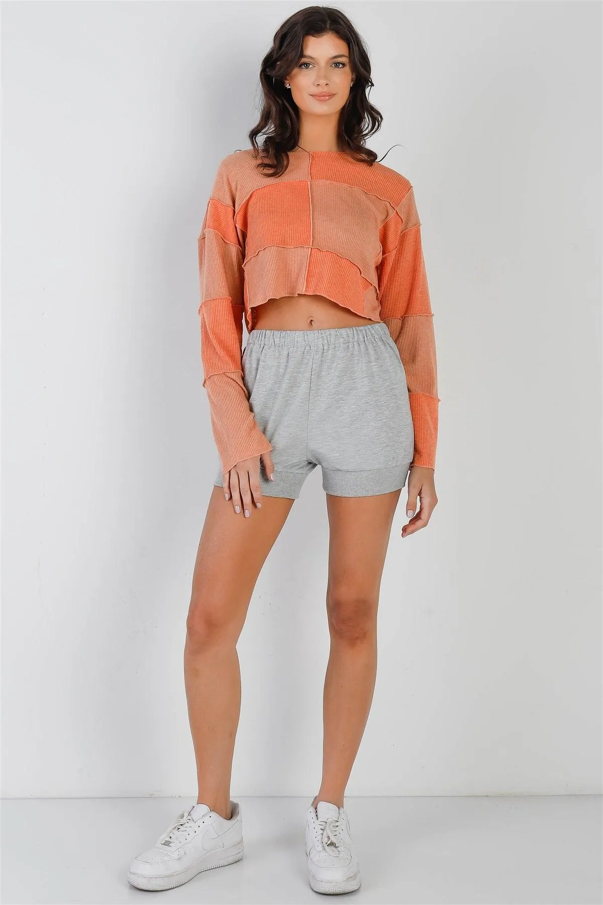 Apricot & Orange Ribbed Inside-Out Trim Detail Long Sleeve Top /3-2-1