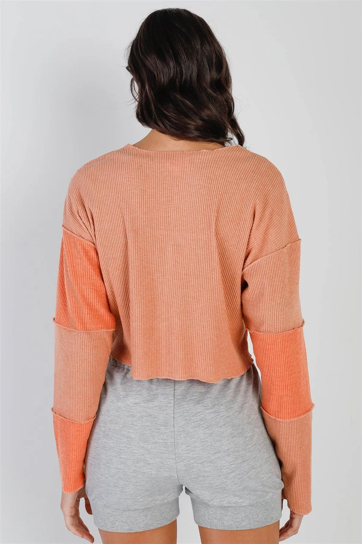 Apricot & Orange Ribbed Inside-Out Trim Detail Long Sleeve Top /3-2-1