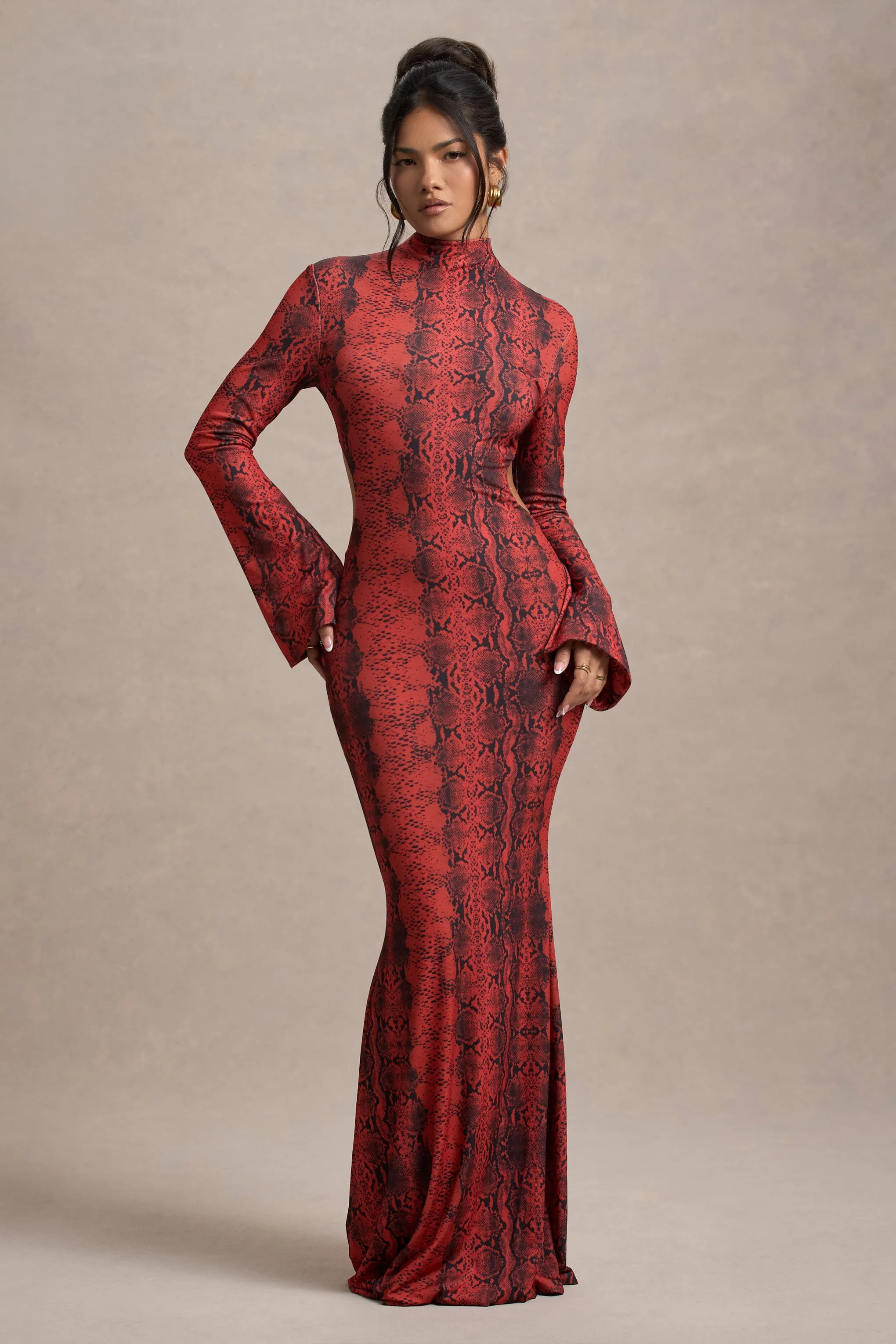 Arabia | Red Snake Print High-Neck Cut-Out Maxi Dress