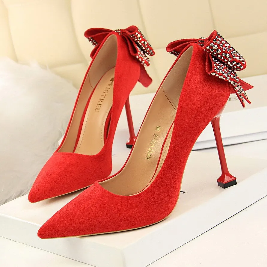 Autumn Women Shoes Pointed Toe Pumps 9.5CM Thin Heels Wedding Dress Shoes Flock Rear Rhinestone Bow tie High Heels Boat Shoes