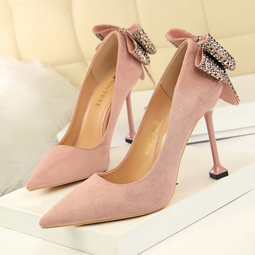 Autumn Women Shoes Pointed Toe Pumps 9.5CM Thin Heels Wedding Dress Shoes Flock Rear Rhinestone Bow tie High Heels Boat Shoes