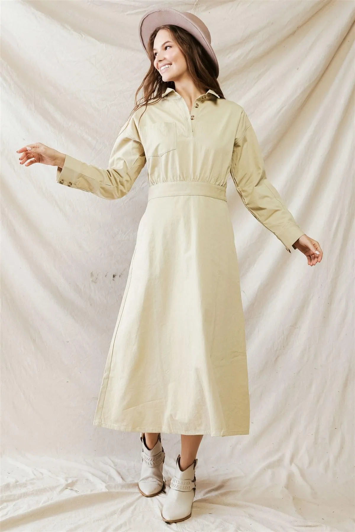 Beige Cotton Material Button-Up Collared Neck Maxi Dress /1-2-2-1