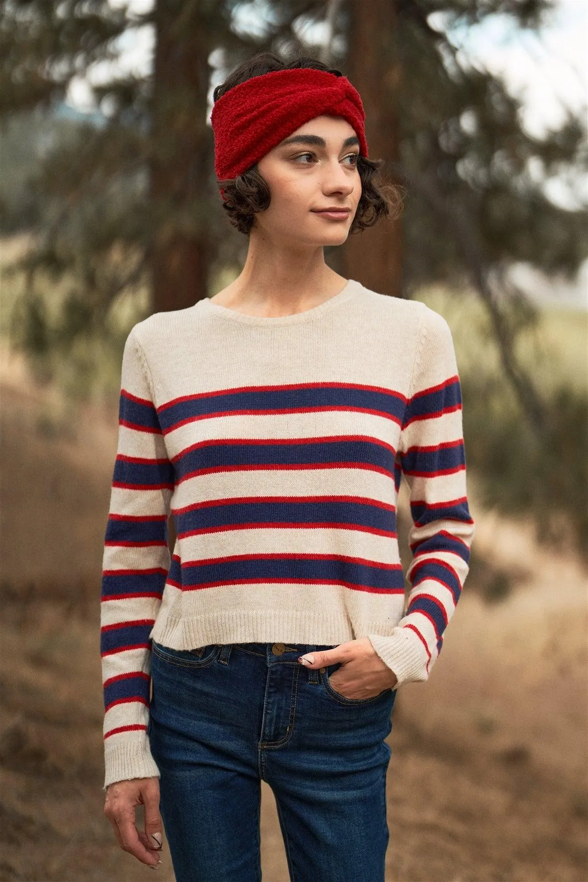 Beige Red & Blue Color Block Striped Knit Long Sleeve Preppy Style Sweater Top /3-2-1