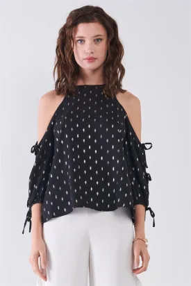 Black & Gold Print Cold Shoulder Detail Round Neck Self-Tie Balloon Sleeve Relaxed Top /3-3