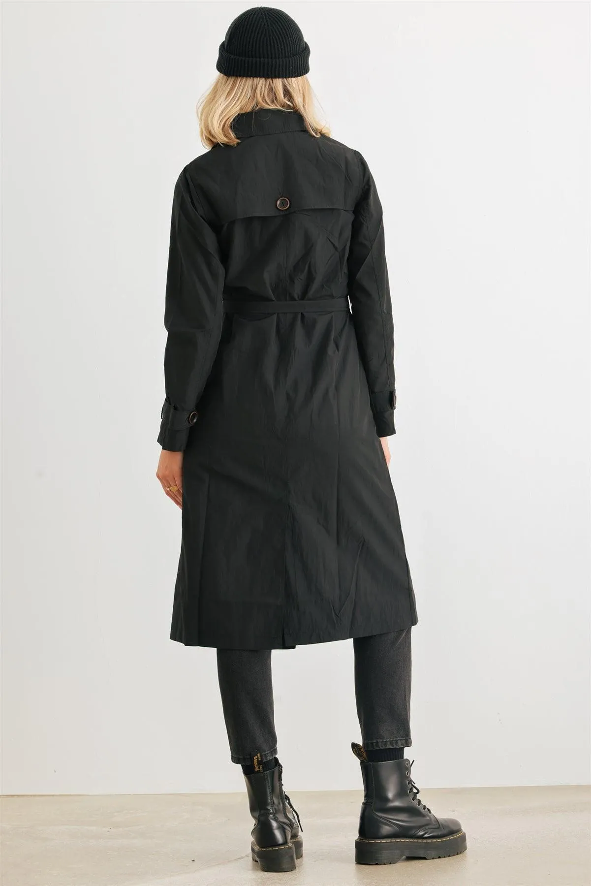 Black Double-Breasted Two Pocket Belted Collared Neck Trench Coat /4-2