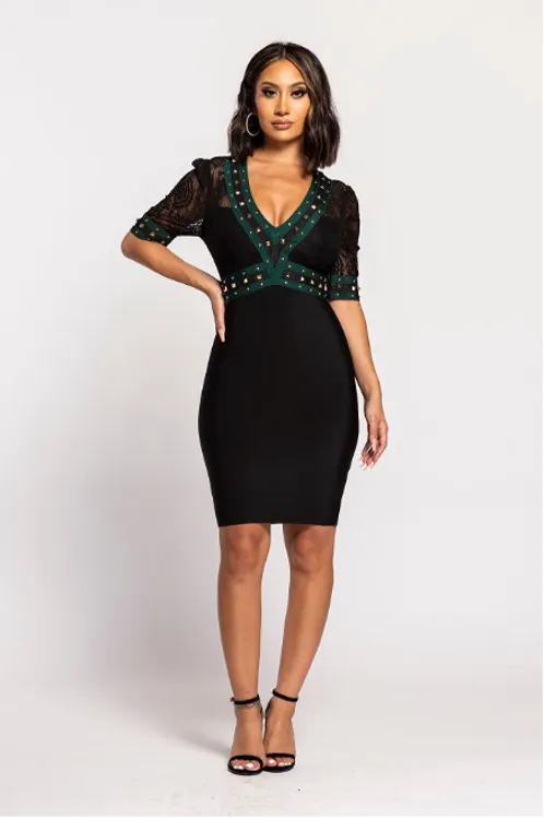 Black Half Sleeve V-Neck Lace 2-Fer Dress