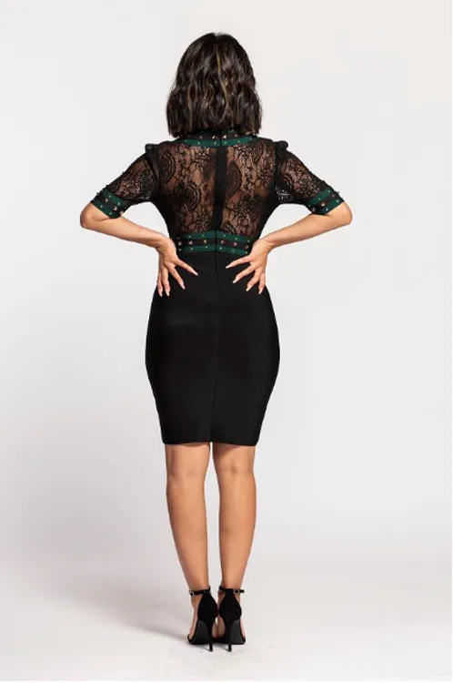 Black Half Sleeve V-Neck Lace 2-Fer Dress