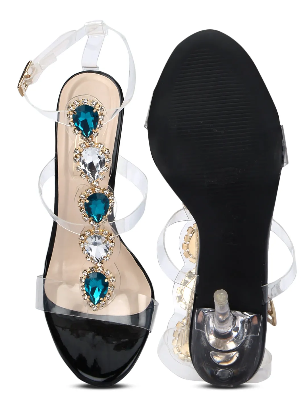 Black Perspex Jeweled Strappy Stilettos