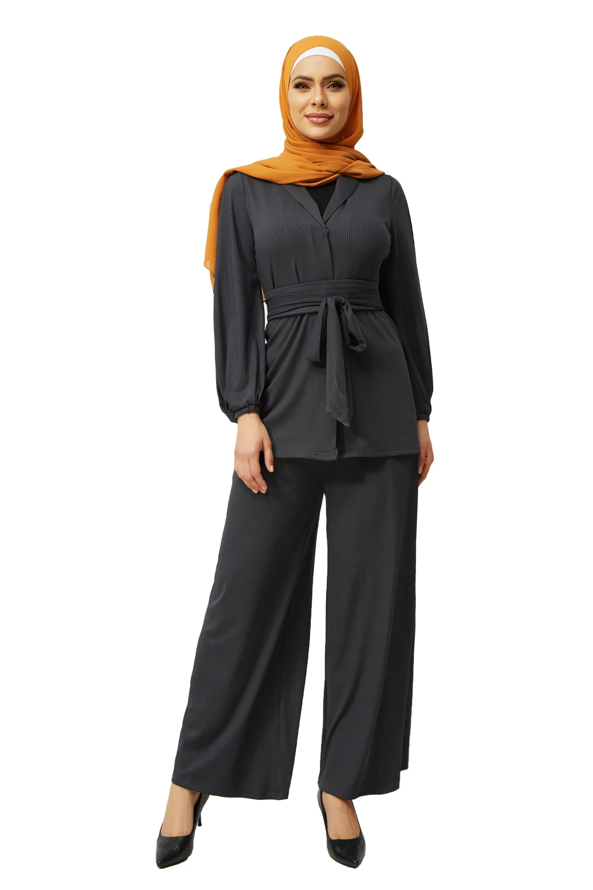 Charcoal Belted Ribbed Tunic & Pant Set