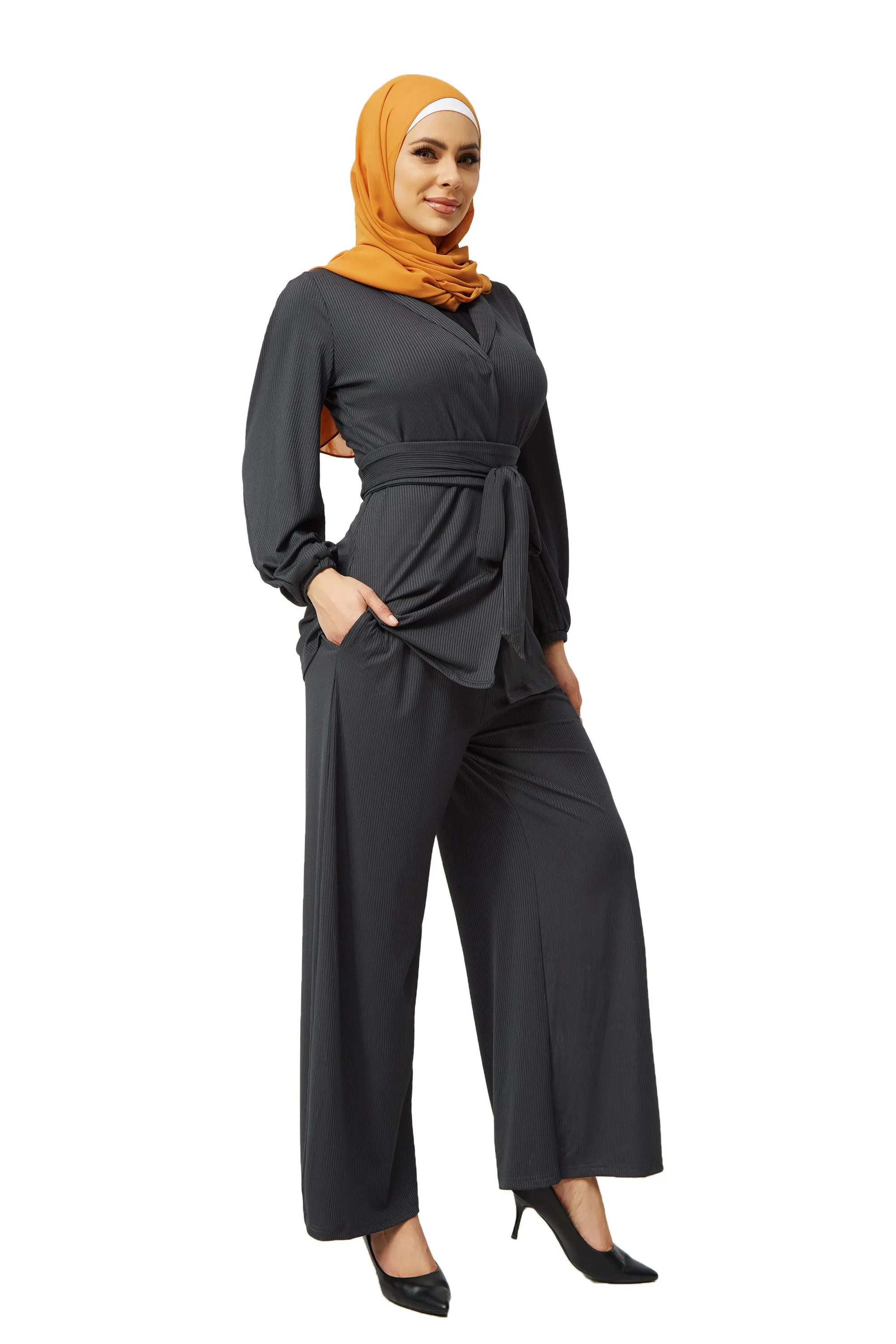 Charcoal Belted Ribbed Tunic & Pant Set