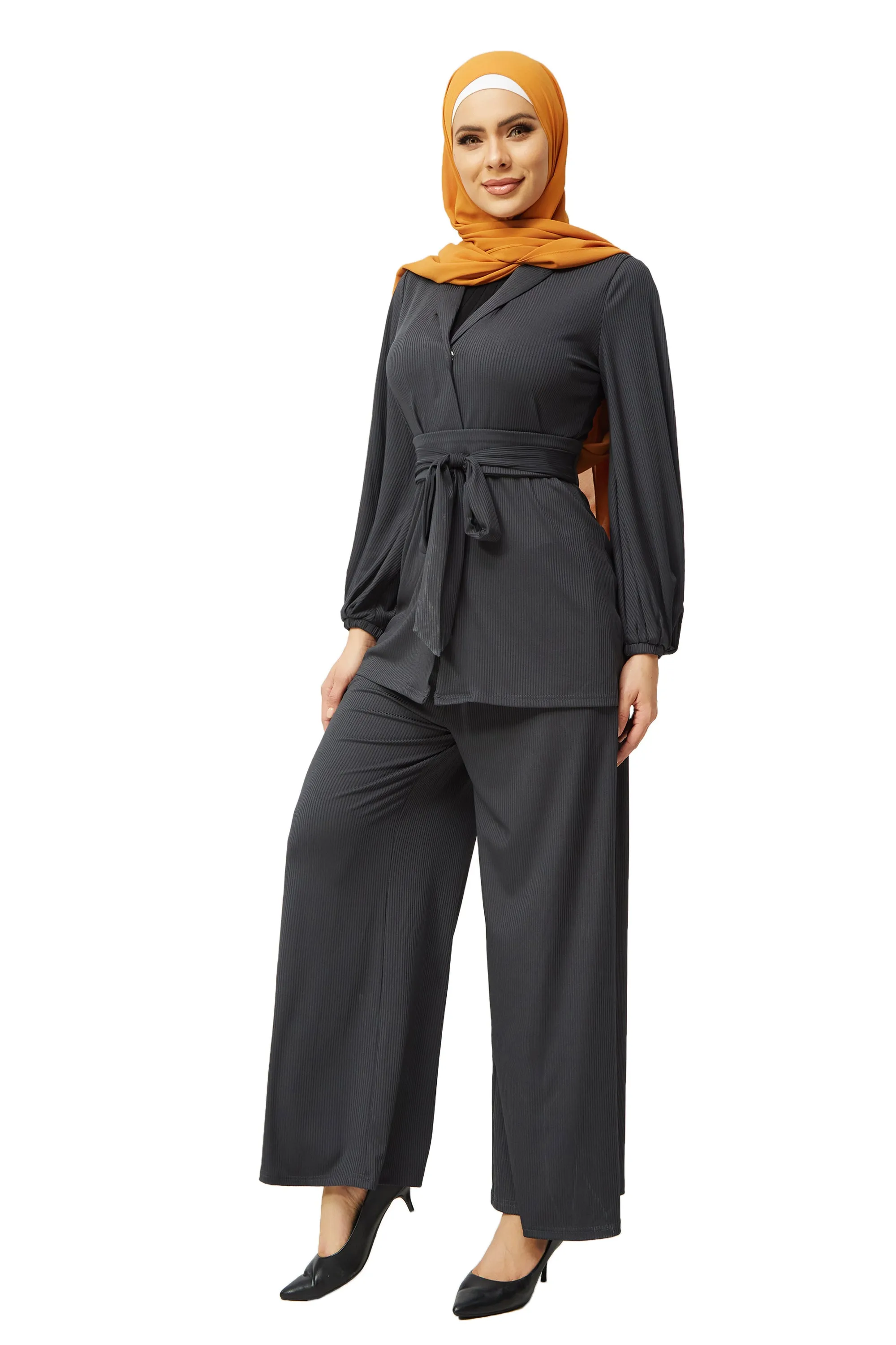 Charcoal Belted Ribbed Tunic & Pant Set