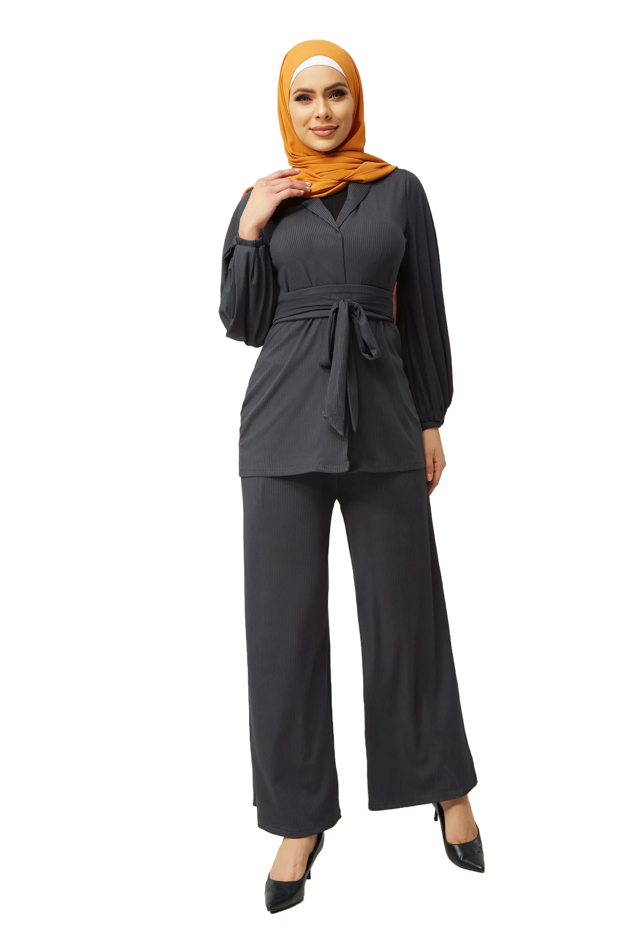 Charcoal Belted Ribbed Tunic & Pant Set