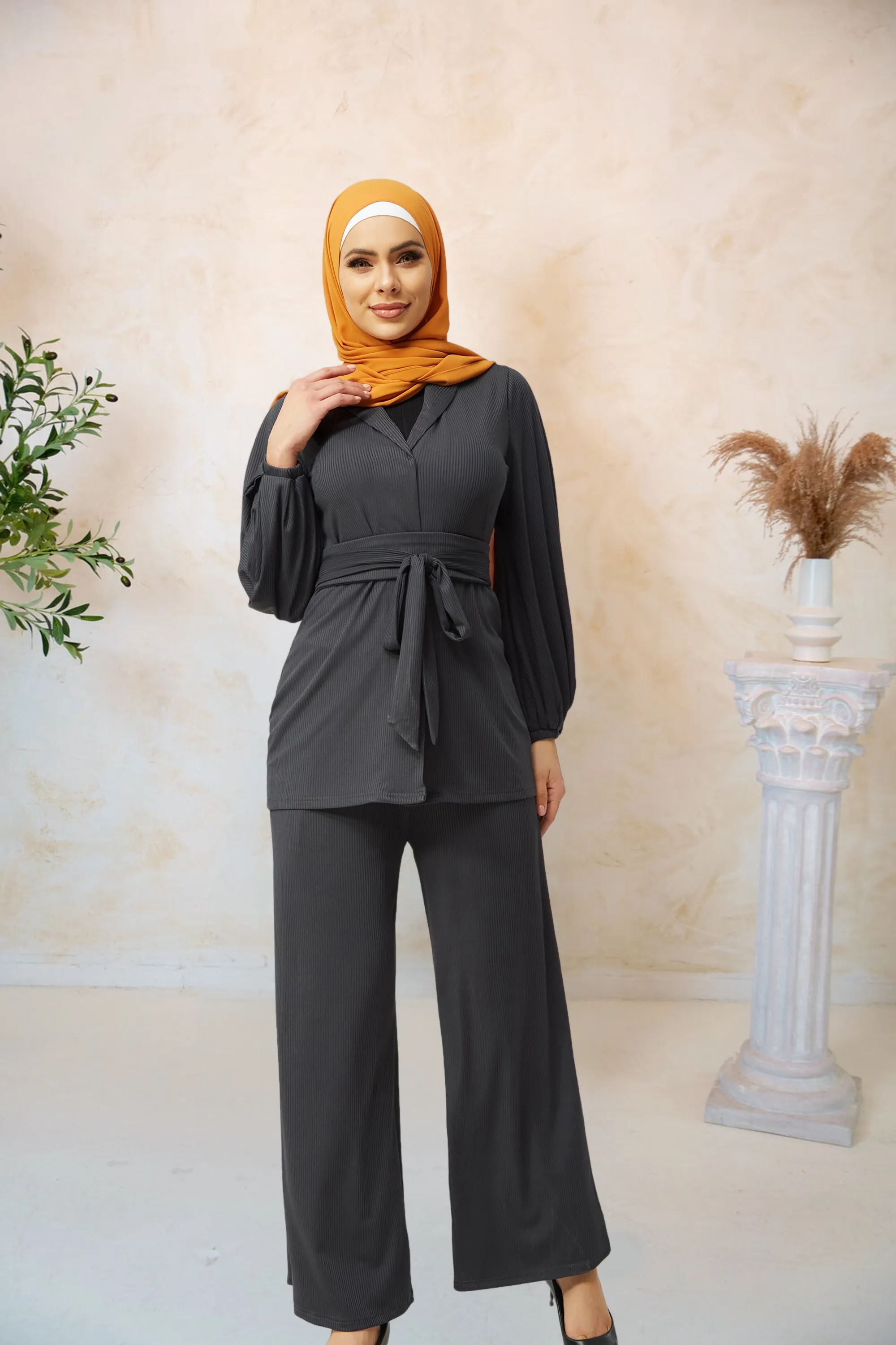 Charcoal Belted Ribbed Tunic & Pant Set