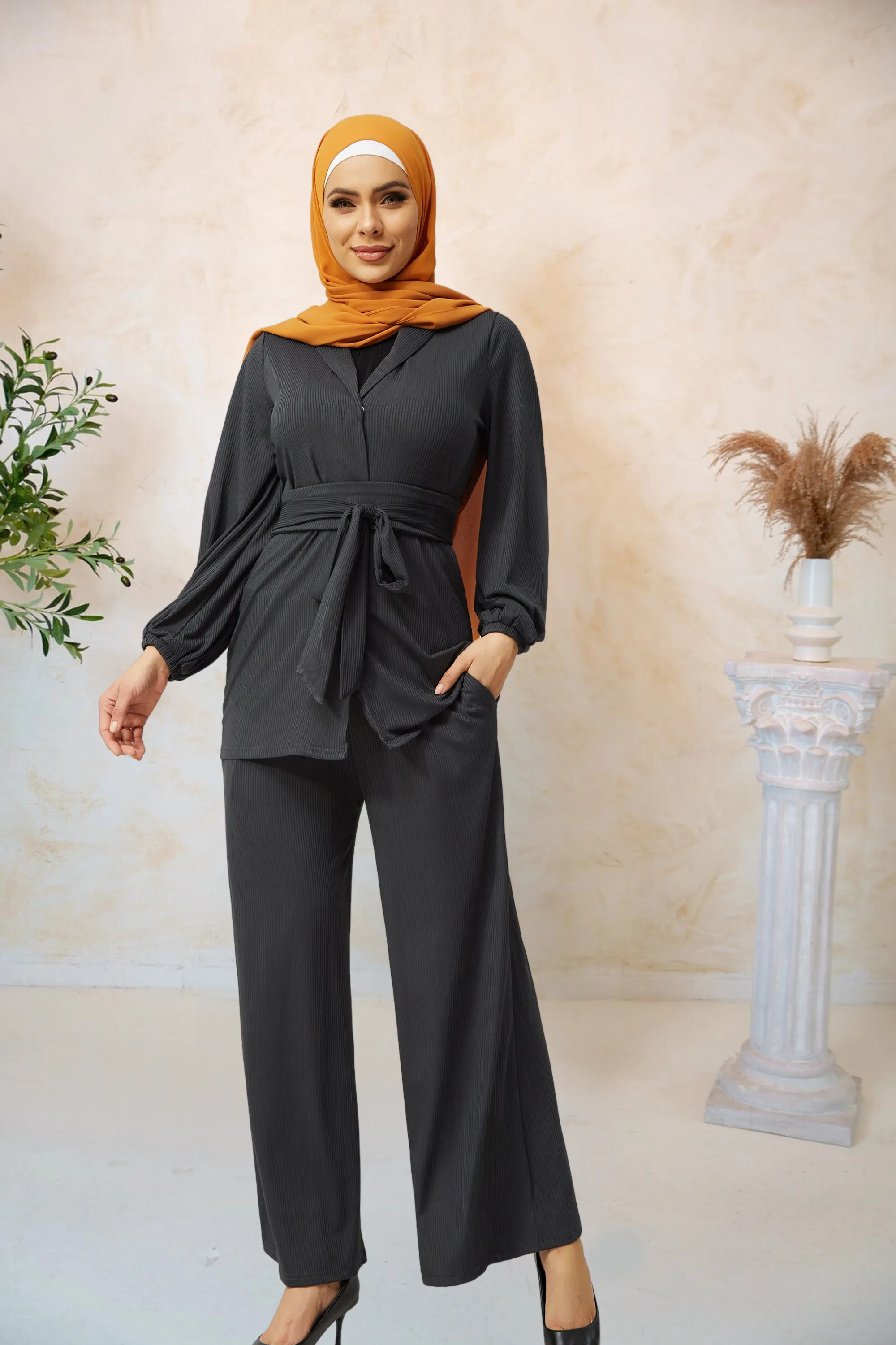 Charcoal Belted Ribbed Tunic & Pant Set