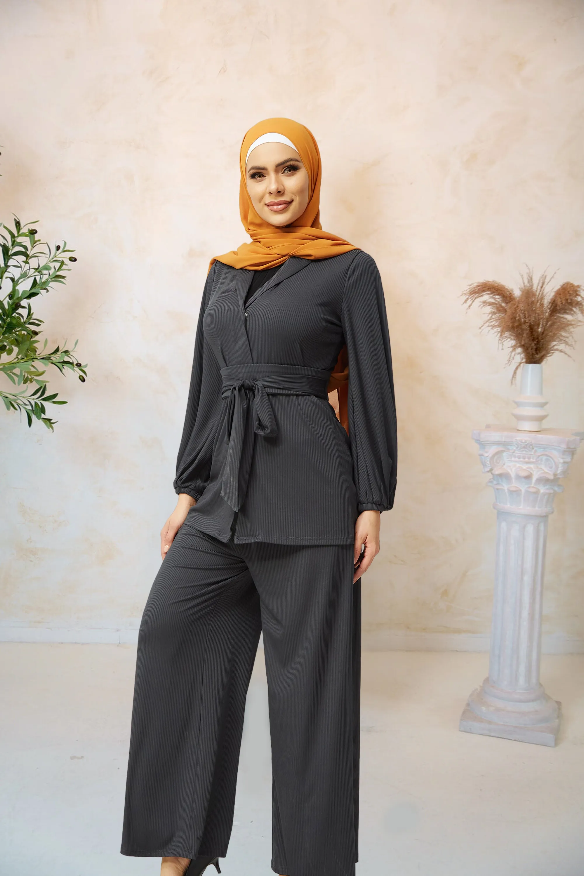 Charcoal Belted Ribbed Tunic & Pant Set