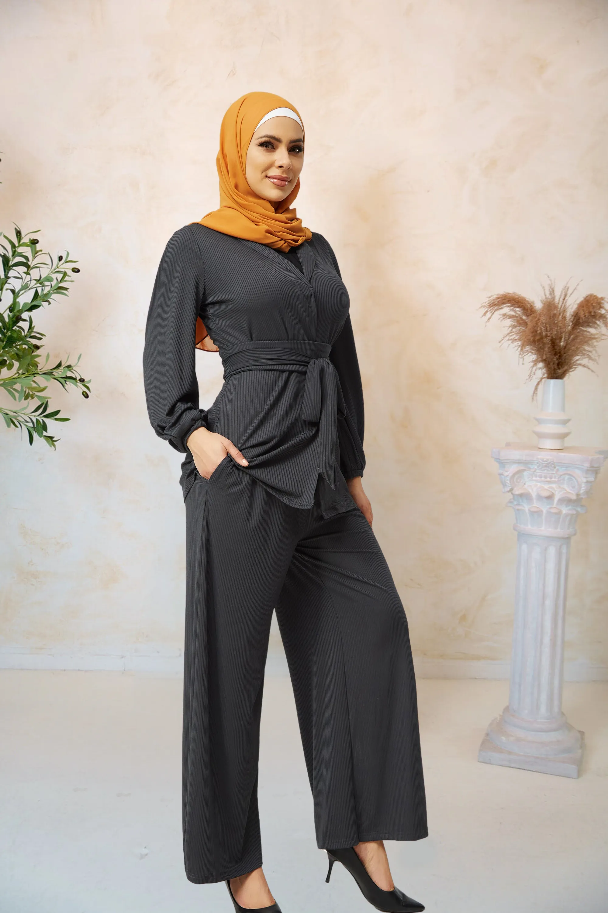 Charcoal Belted Ribbed Tunic & Pant Set