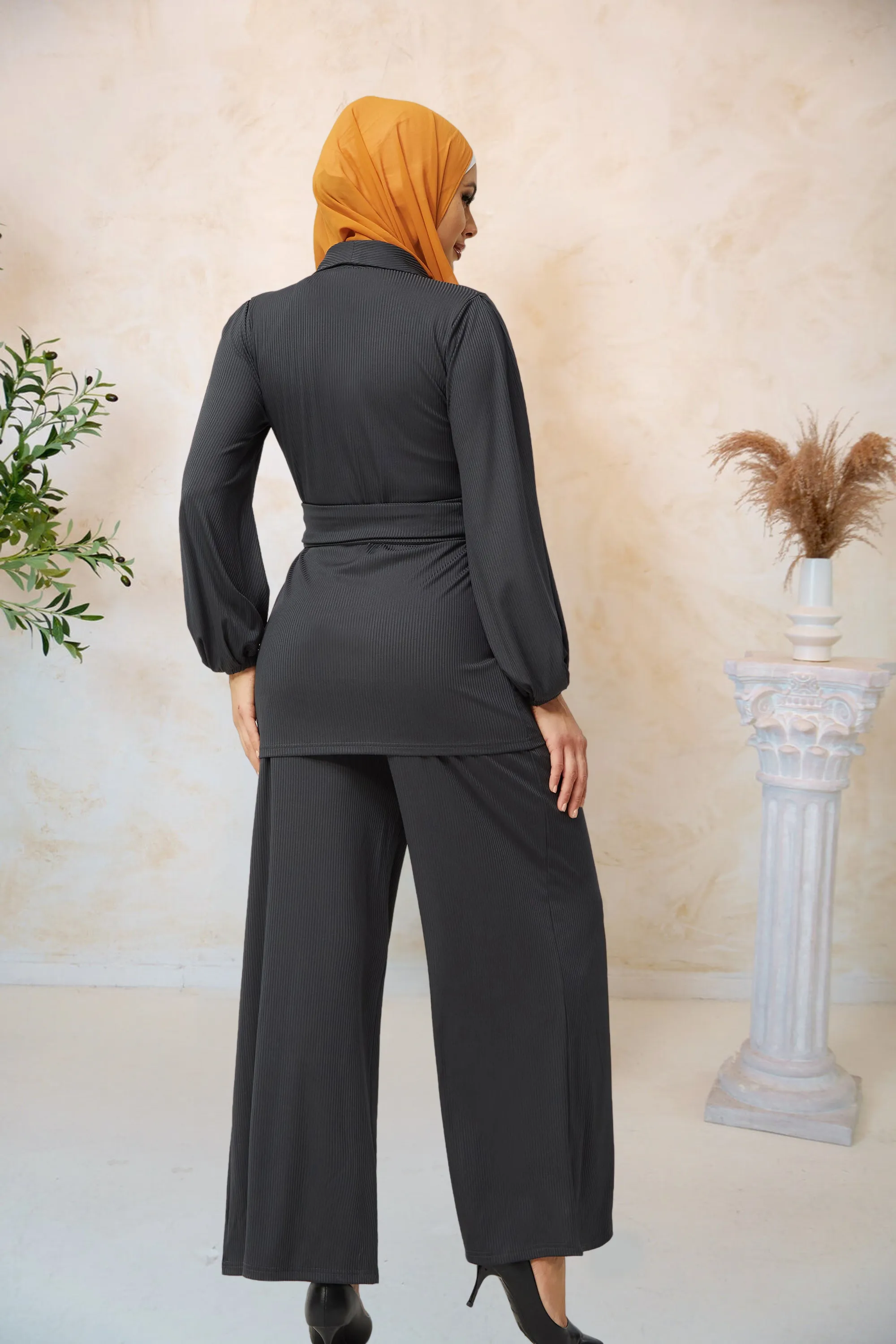 Charcoal Belted Ribbed Tunic & Pant Set