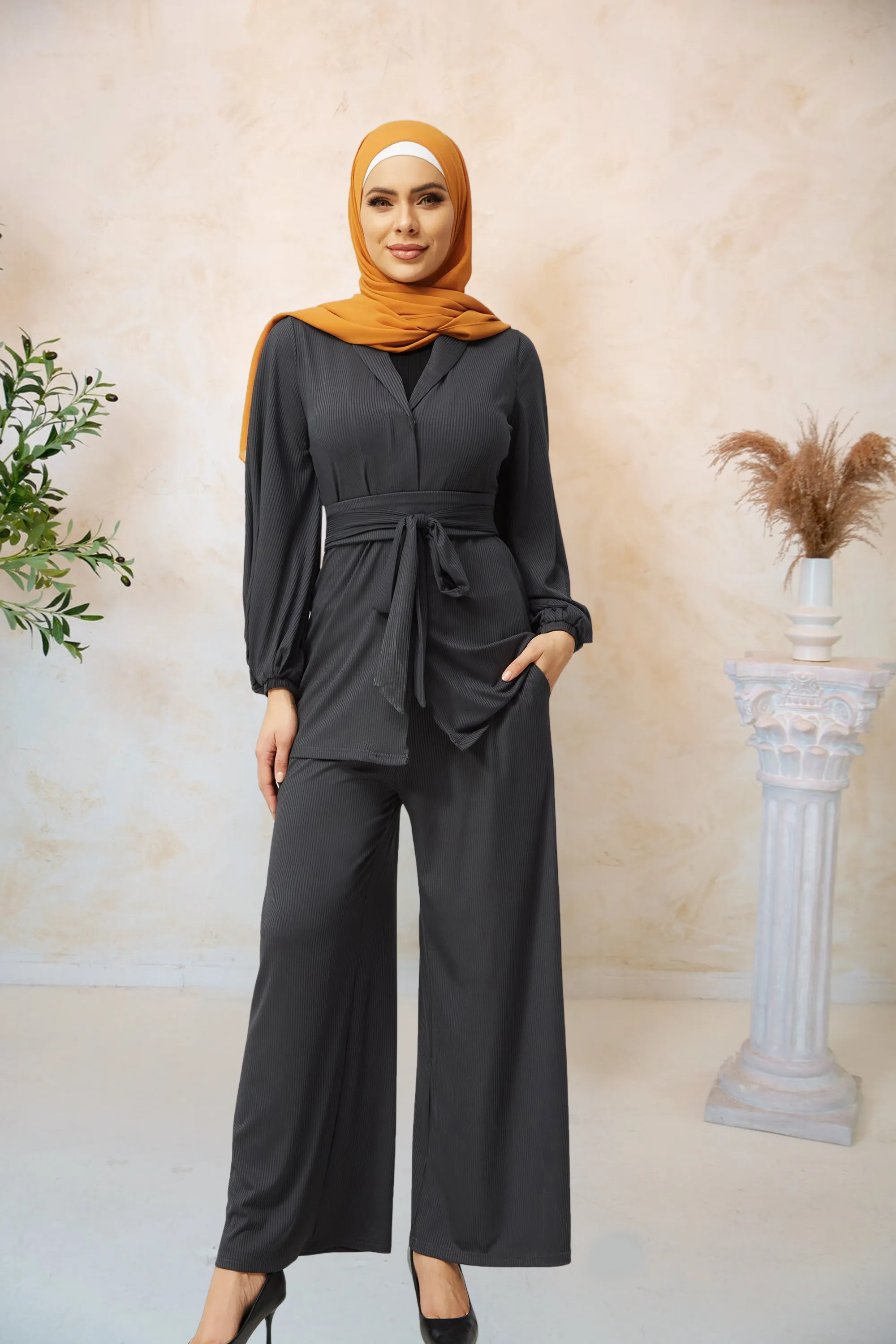 Charcoal Belted Ribbed Tunic & Pant Set