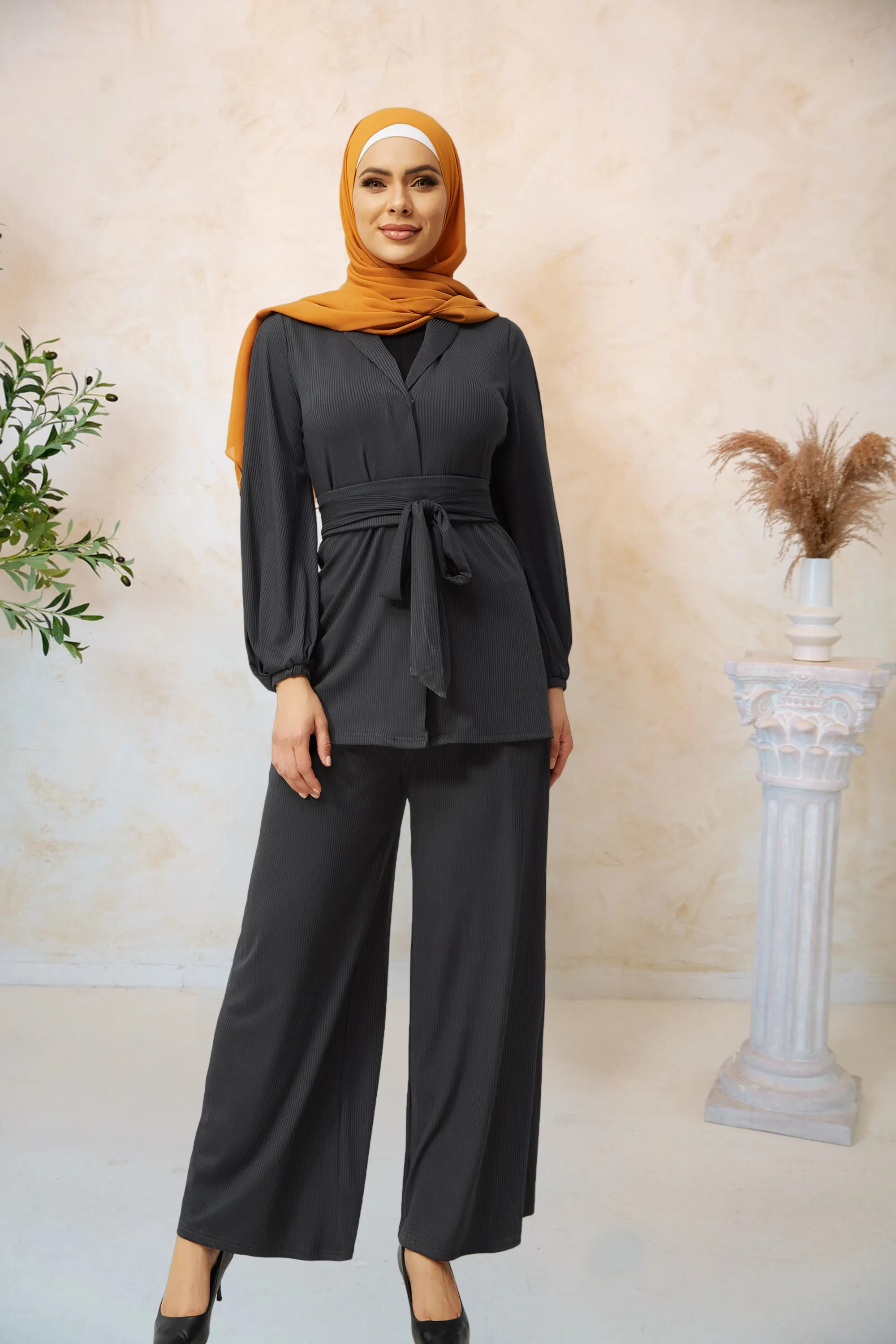 Charcoal Belted Ribbed Tunic & Pant Set