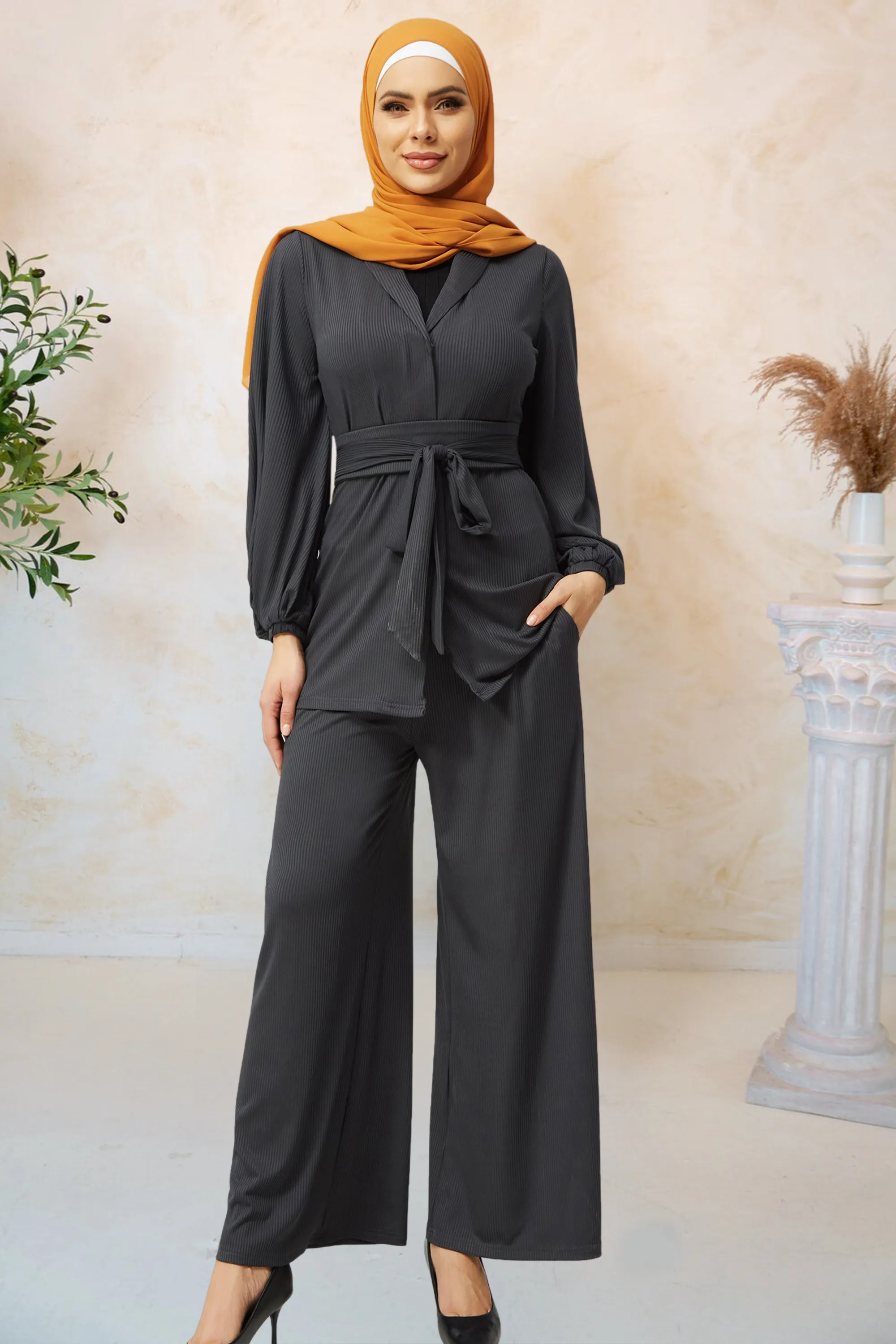 Charcoal Belted Ribbed Tunic & Pant Set