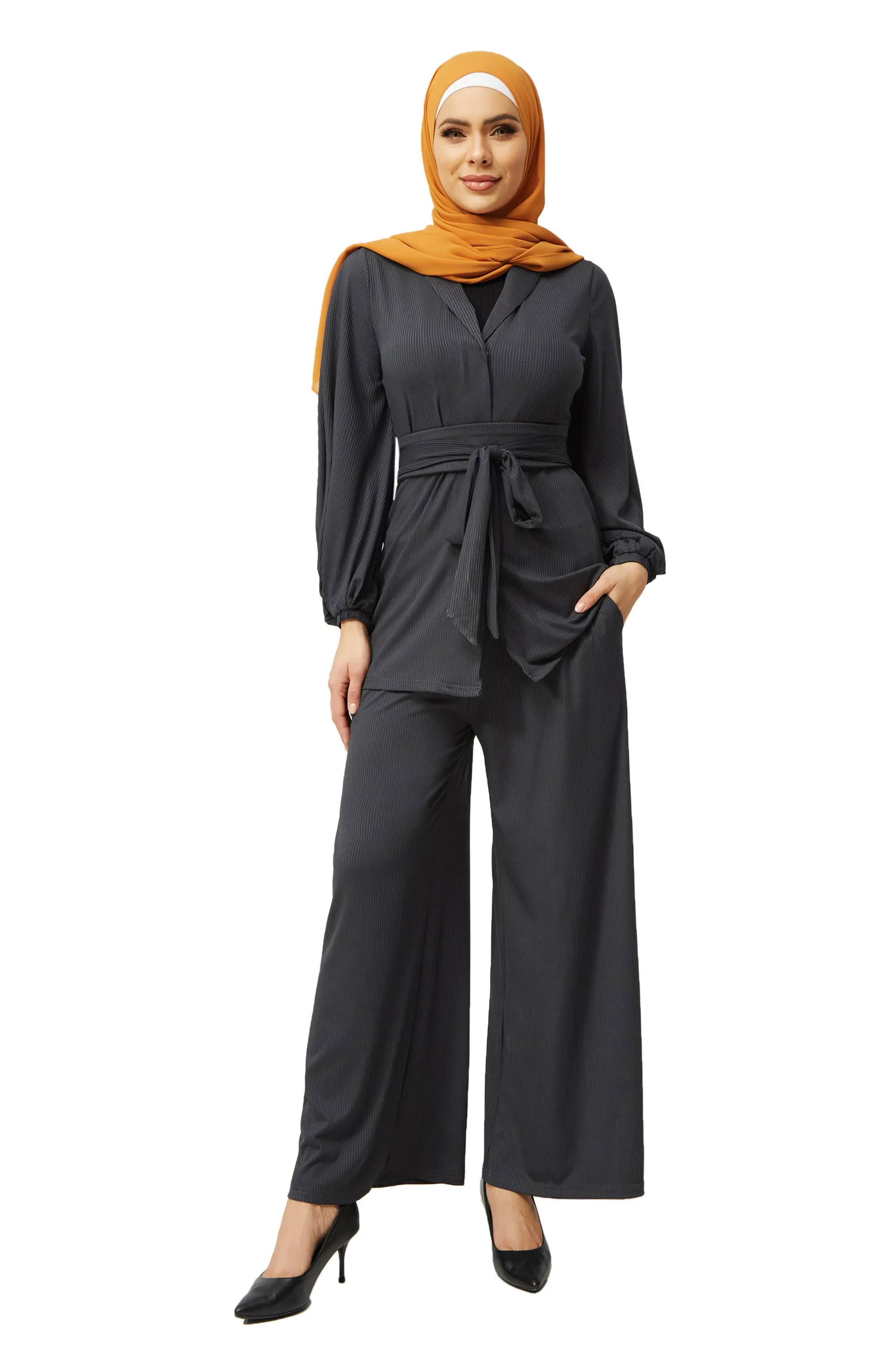 Charcoal Belted Ribbed Tunic & Pant Set