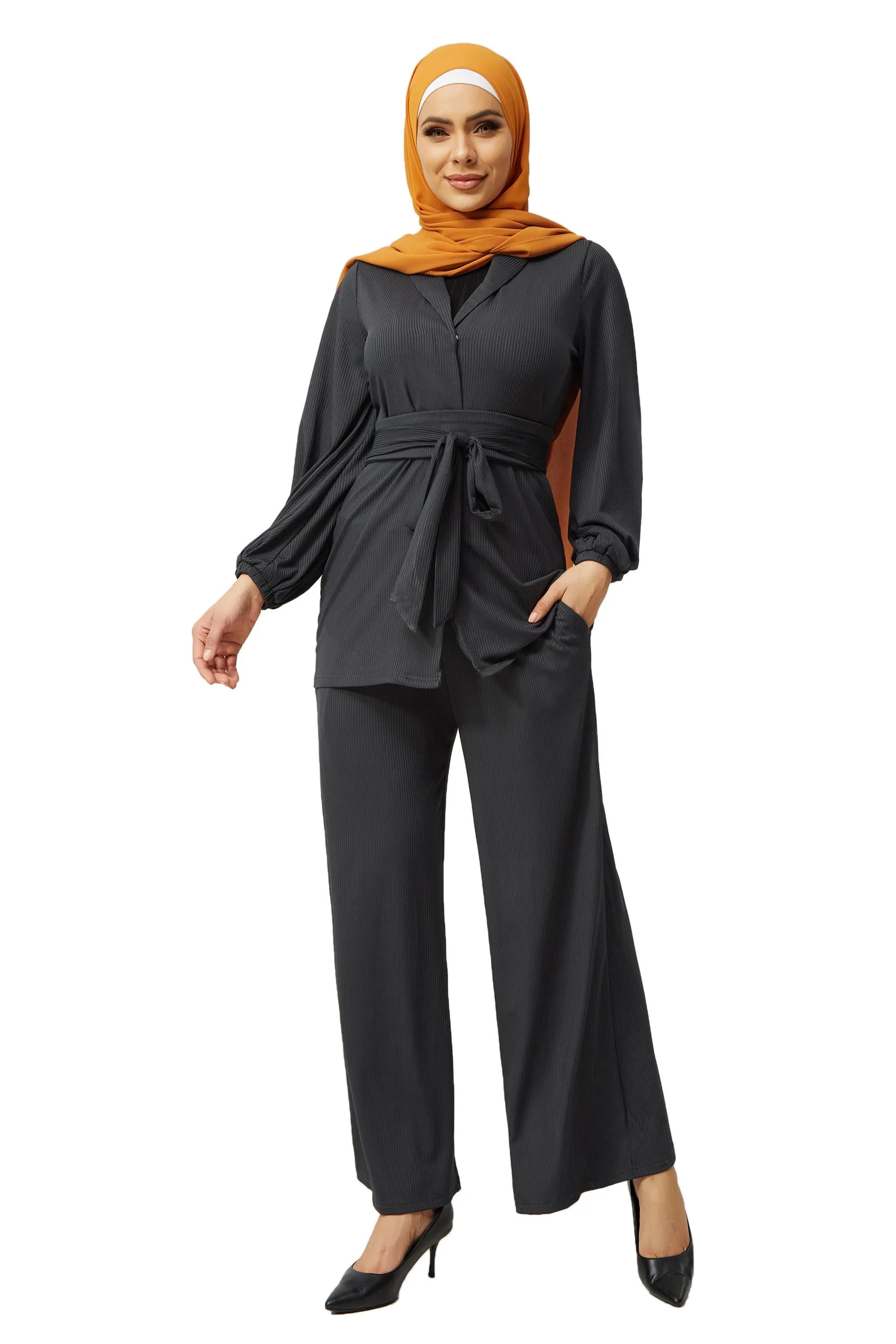 Charcoal Belted Ribbed Tunic & Pant Set