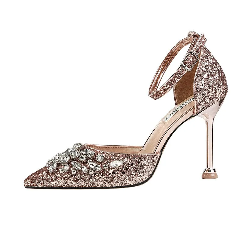 comemore 2021 New Rhinestone Women Pumps Sequins Women&#39;s Gold Silver Wedding Shoes Female Slip-on Pointed Toe Thin High Heels 40