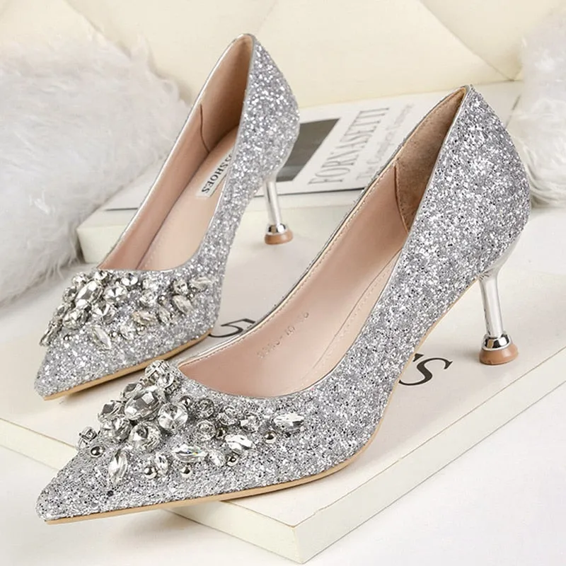 comemore 2021 New Rhinestone Women Pumps Sequins Women&#39;s Gold Silver Wedding Shoes Female Slip-on Pointed Toe Thin High Heels 40