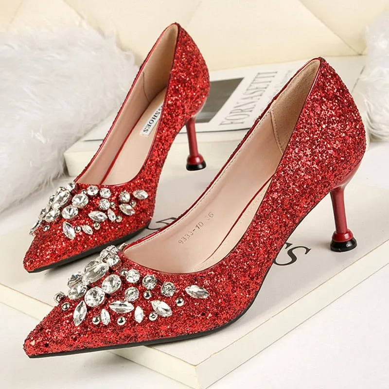 comemore 2021 New Rhinestone Women Pumps Sequins Women&#39;s Gold Silver Wedding Shoes Female Slip-on Pointed Toe Thin High Heels 40