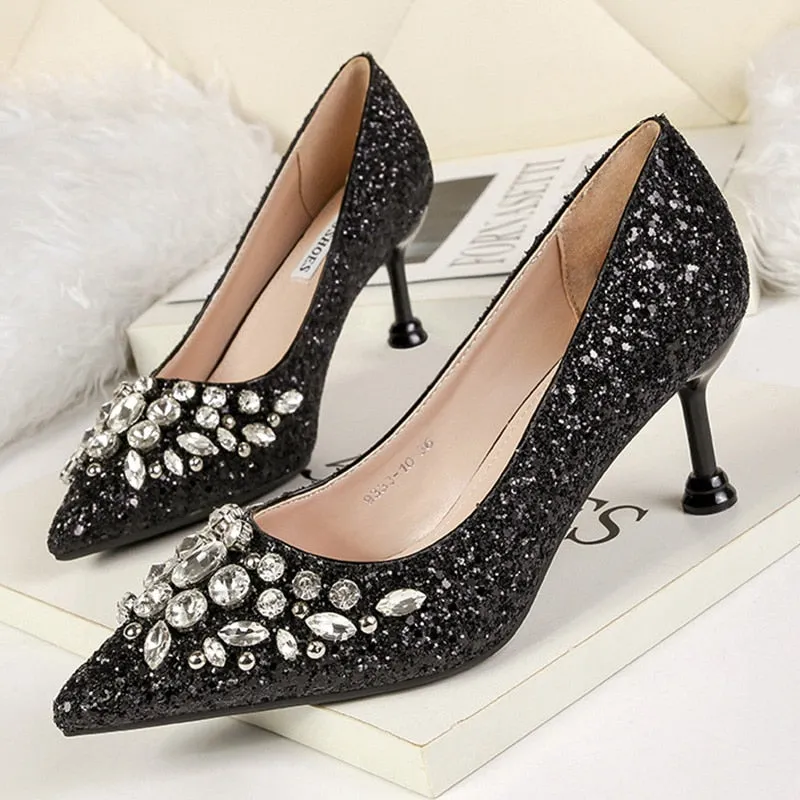 comemore 2021 New Rhinestone Women Pumps Sequins Women&#39;s Gold Silver Wedding Shoes Female Slip-on Pointed Toe Thin High Heels 40