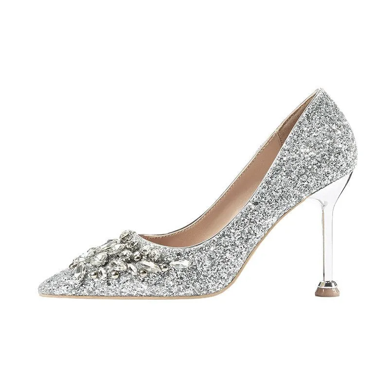 comemore 2021 New Rhinestone Women Pumps Sequins Women&#39;s Gold Silver Wedding Shoes Female Slip-on Pointed Toe Thin High Heels 40