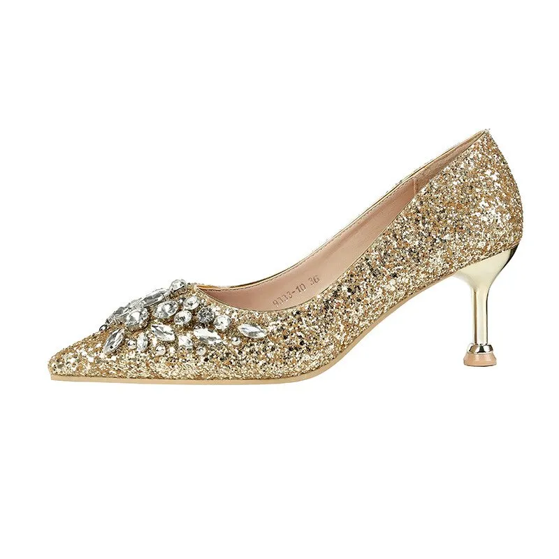 comemore 2021 New Rhinestone Women Pumps Sequins Women&#39;s Gold Silver Wedding Shoes Female Slip-on Pointed Toe Thin High Heels 40