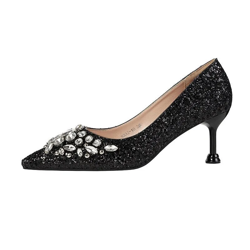 comemore 2021 New Rhinestone Women Pumps Sequins Women&#39;s Gold Silver Wedding Shoes Female Slip-on Pointed Toe Thin High Heels 40