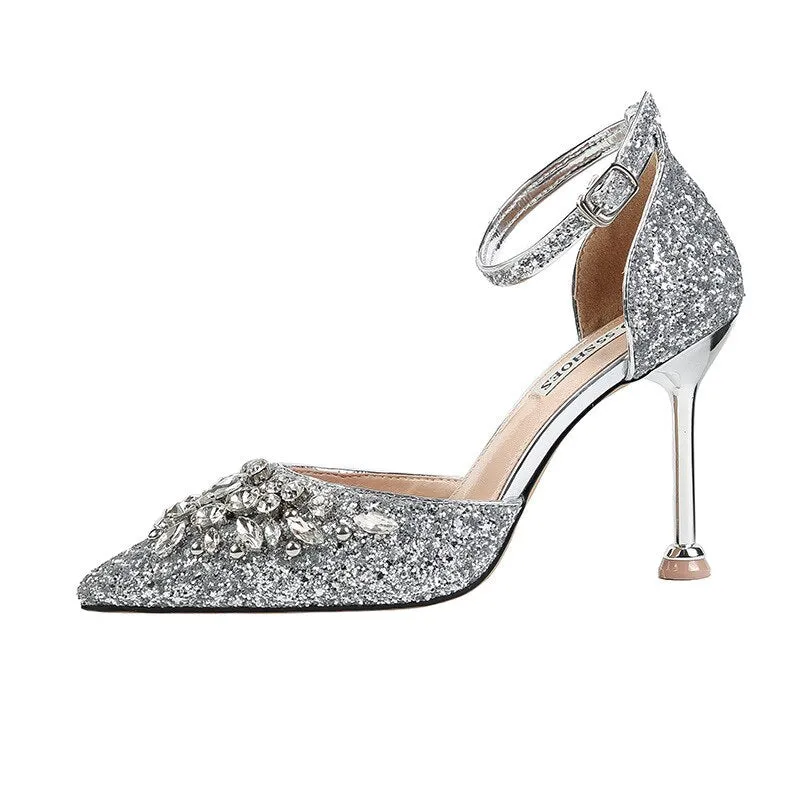 comemore 2021 New Rhinestone Women Pumps Sequins Women&#39;s Gold Silver Wedding Shoes Female Slip-on Pointed Toe Thin High Heels 40