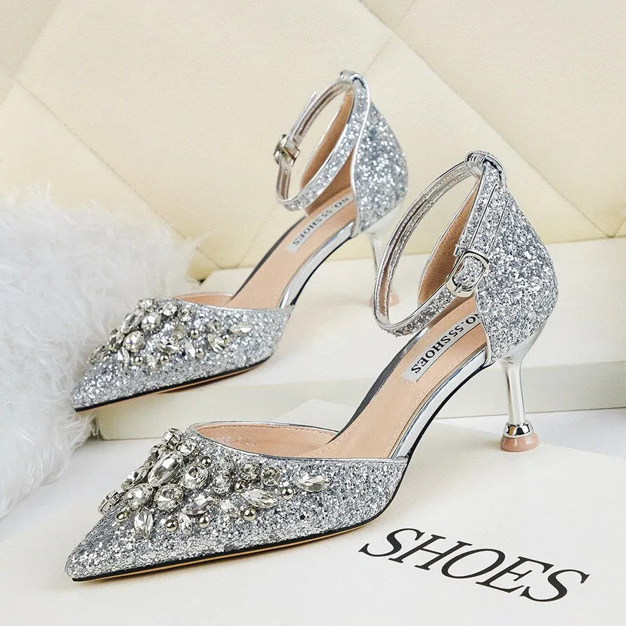 comemore 2021 New Rhinestone Women Pumps Sequins Women&#39;s Gold Silver Wedding Shoes Female Slip-on Pointed Toe Thin High Heels 40