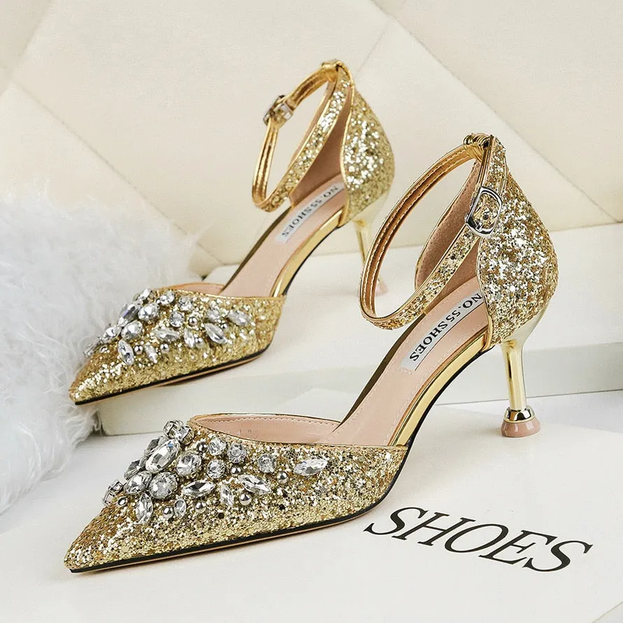 comemore 2021 New Rhinestone Women Pumps Sequins Women&#39;s Gold Silver Wedding Shoes Female Slip-on Pointed Toe Thin High Heels 40