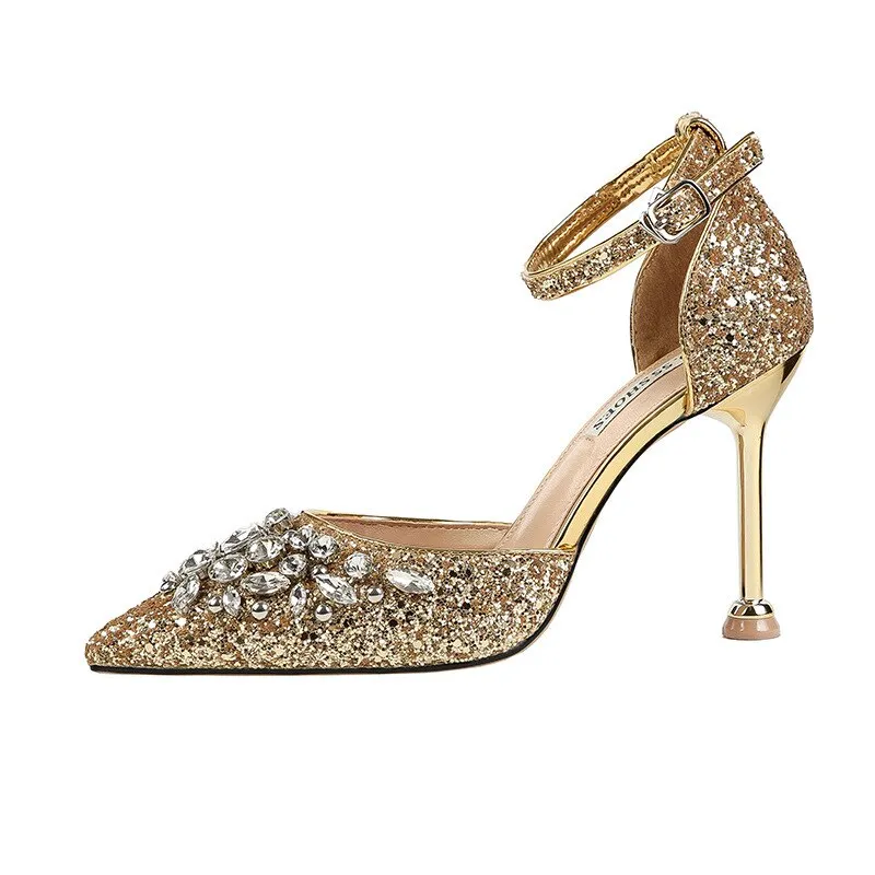 comemore 2021 New Rhinestone Women Pumps Sequins Women&#39;s Gold Silver Wedding Shoes Female Slip-on Pointed Toe Thin High Heels 40