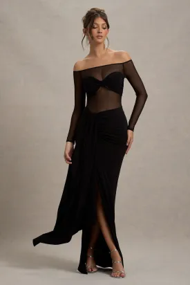 Cover Star | Black Mesh Bardot Long-Sleeve Draped Maxi Dress