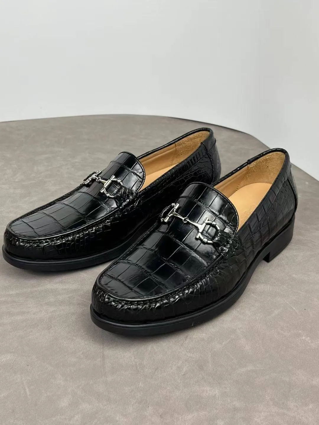 Crocodile Shoes Crocodile Loafer Slip-On Shoes  Black