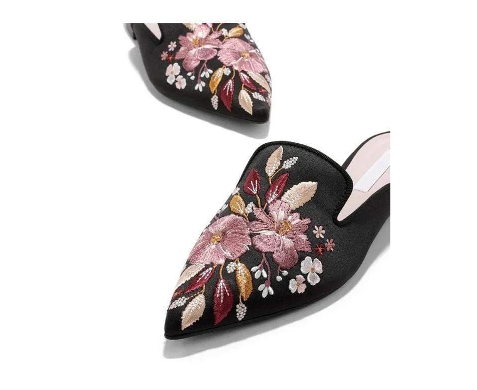 Embroidered Lady Blue Satin Mules