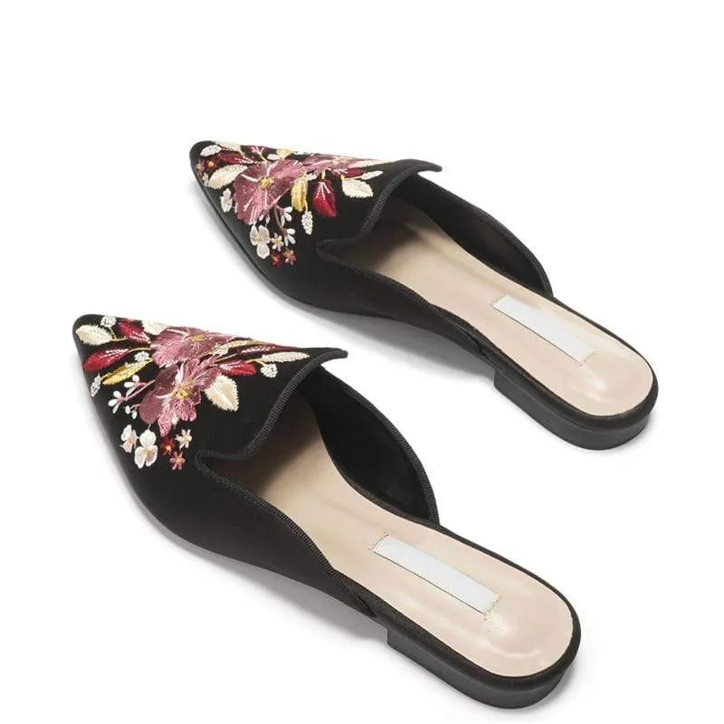 Embroidered Lady Blue Satin Mules