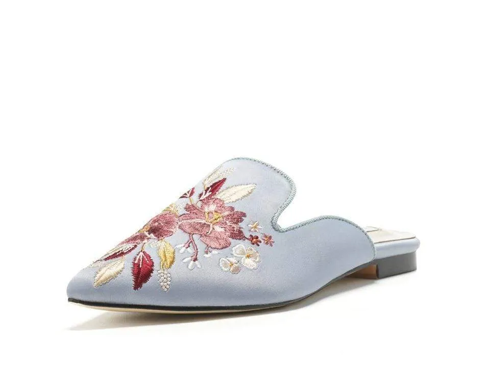 Embroidered Lady Blue Satin Mules