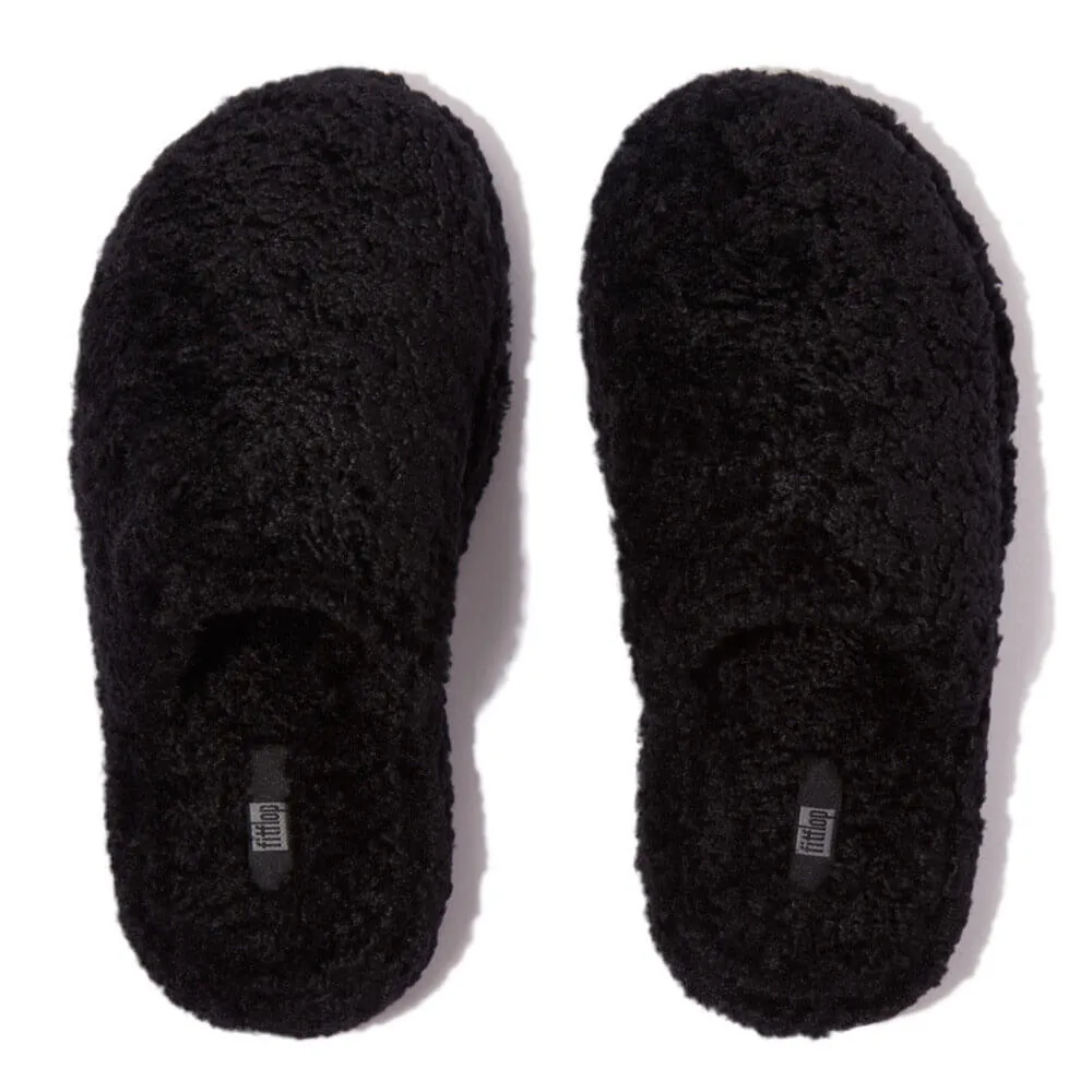 FitFlop Iqushion D-Luxe Teddy Slipper Mules - All Black