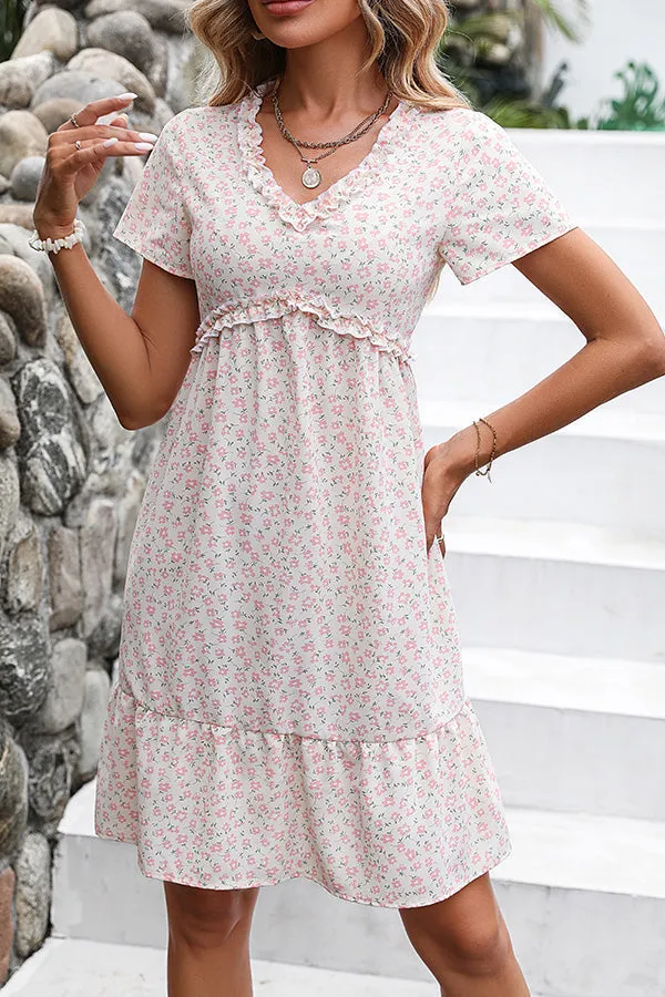 Floral Print Smocked Trendy Round Neck Casual Dress