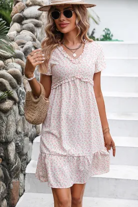 Floral Print Smocked Trendy Round Neck Casual Dress