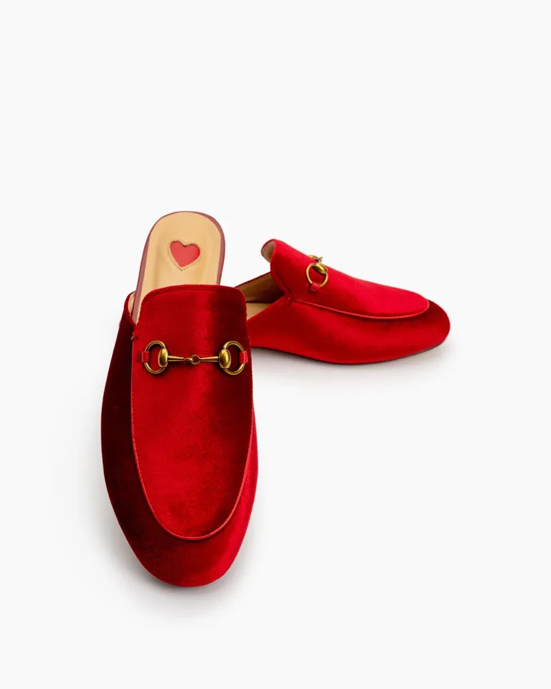 Heart Velvet Red Heart Slide Slip On Flat Mules