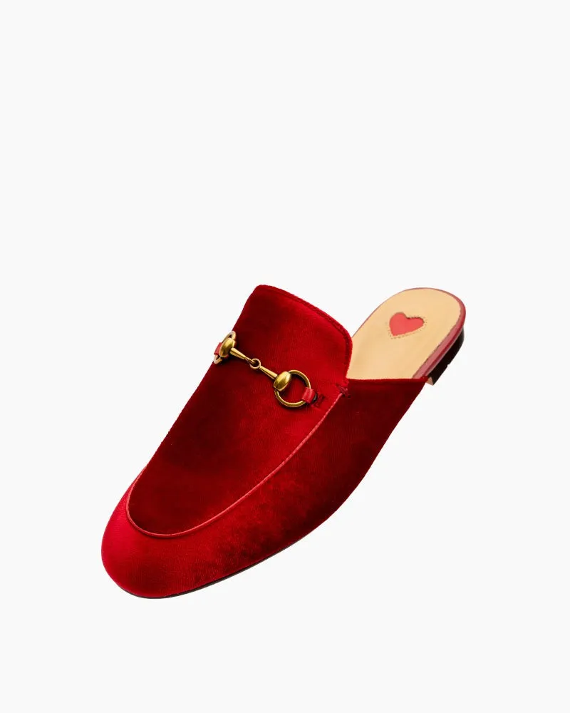 Heart Velvet Red Heart Slide Slip On Flat Mules